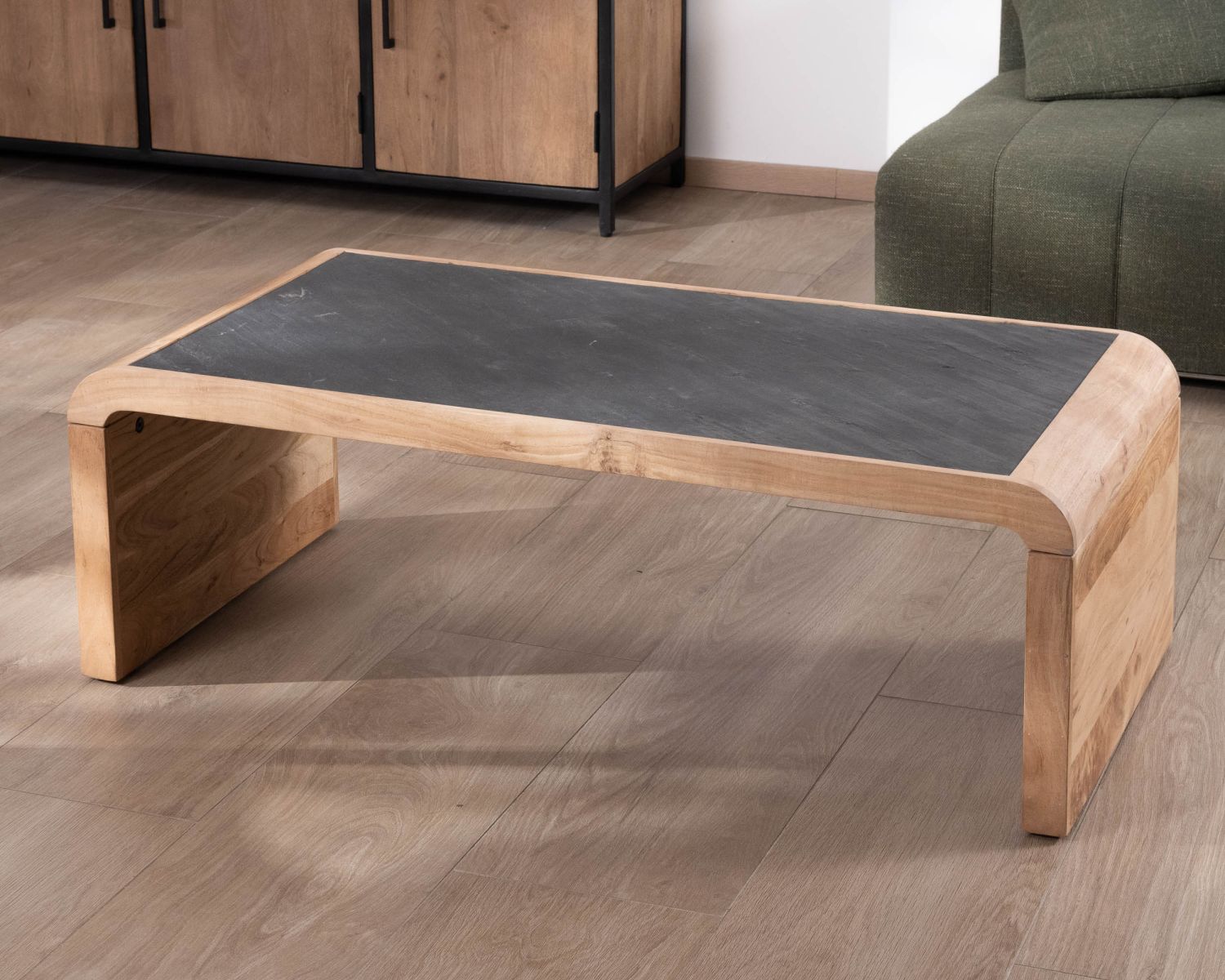 Tavolino dal design retrò "Pikto" con piano impiallacciato in pietra