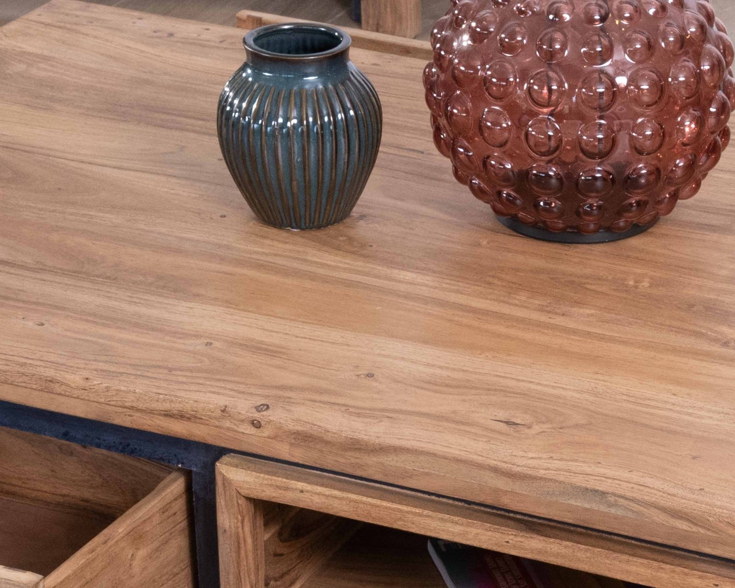 Tavolino rettangolare bifacciale in acacia massiccia da 110 cm "Fantaisie" con cassetti e bordo neri