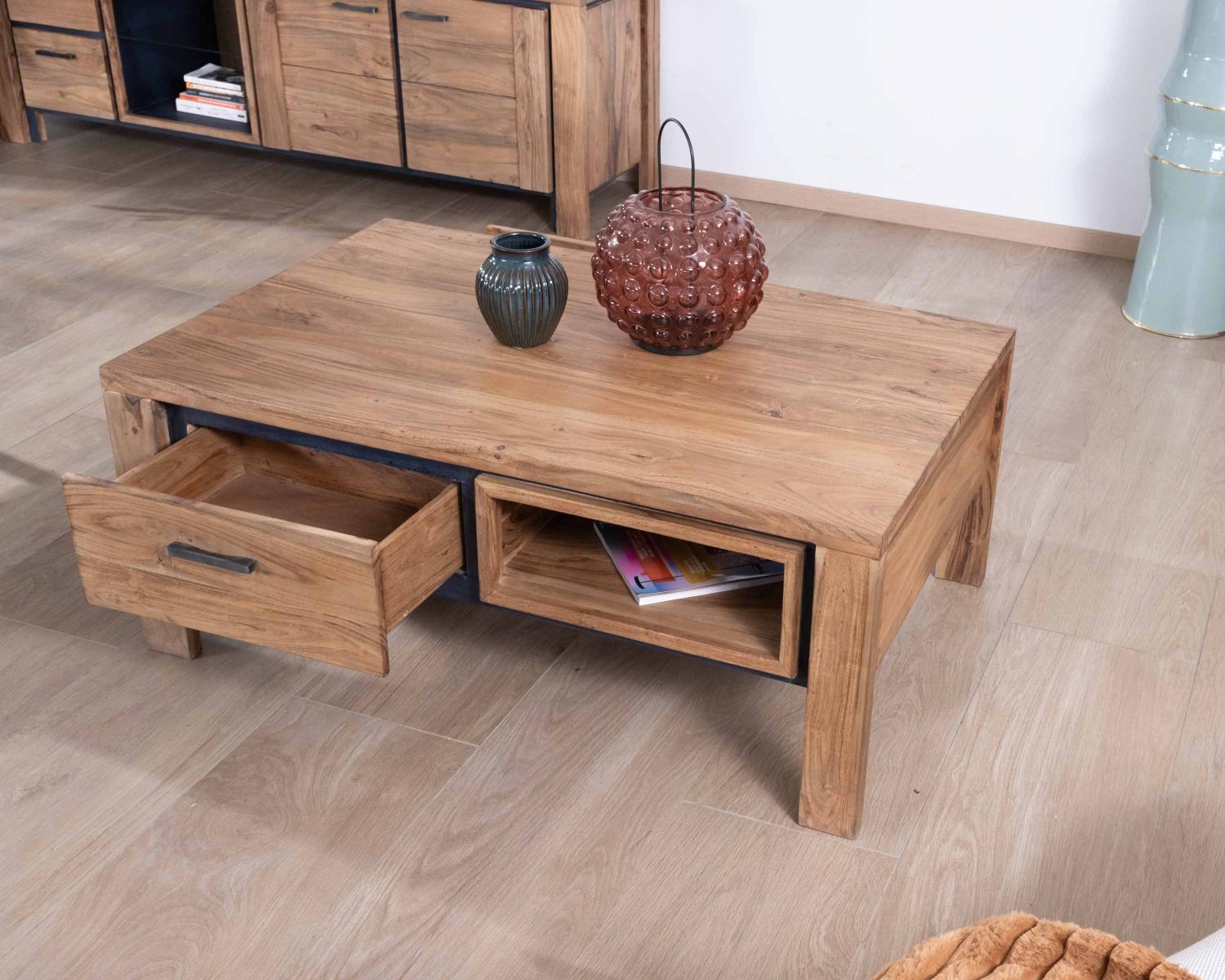 Tavolino rettangolare bifacciale in acacia massiccia da 110 cm "Fantaisie" con cassetti e bordo neri