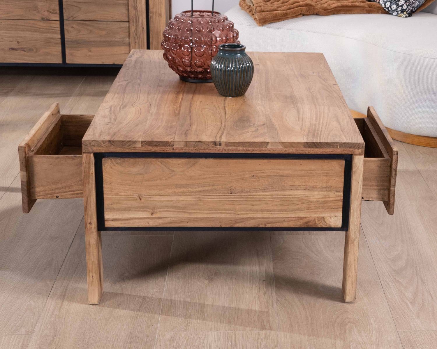 Tavolino rettangolare bifacciale in acacia massiccia da 110 cm "Fantaisie" con cassetti e bordo neri