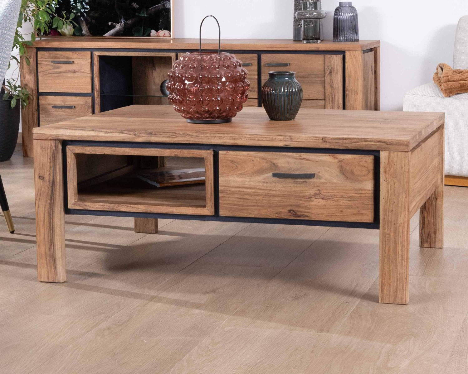 Tavolino rettangolare bifacciale in acacia massiccia da 110 cm "Fantaisie" con cassetti e bordo neri