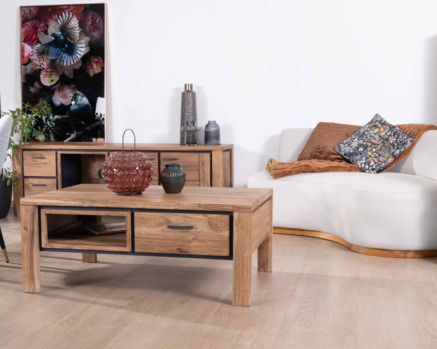 Tavolino rettangolare bifacciale in acacia massiccia da 110 cm "Fantaisie" con cassetti e bordo neri
