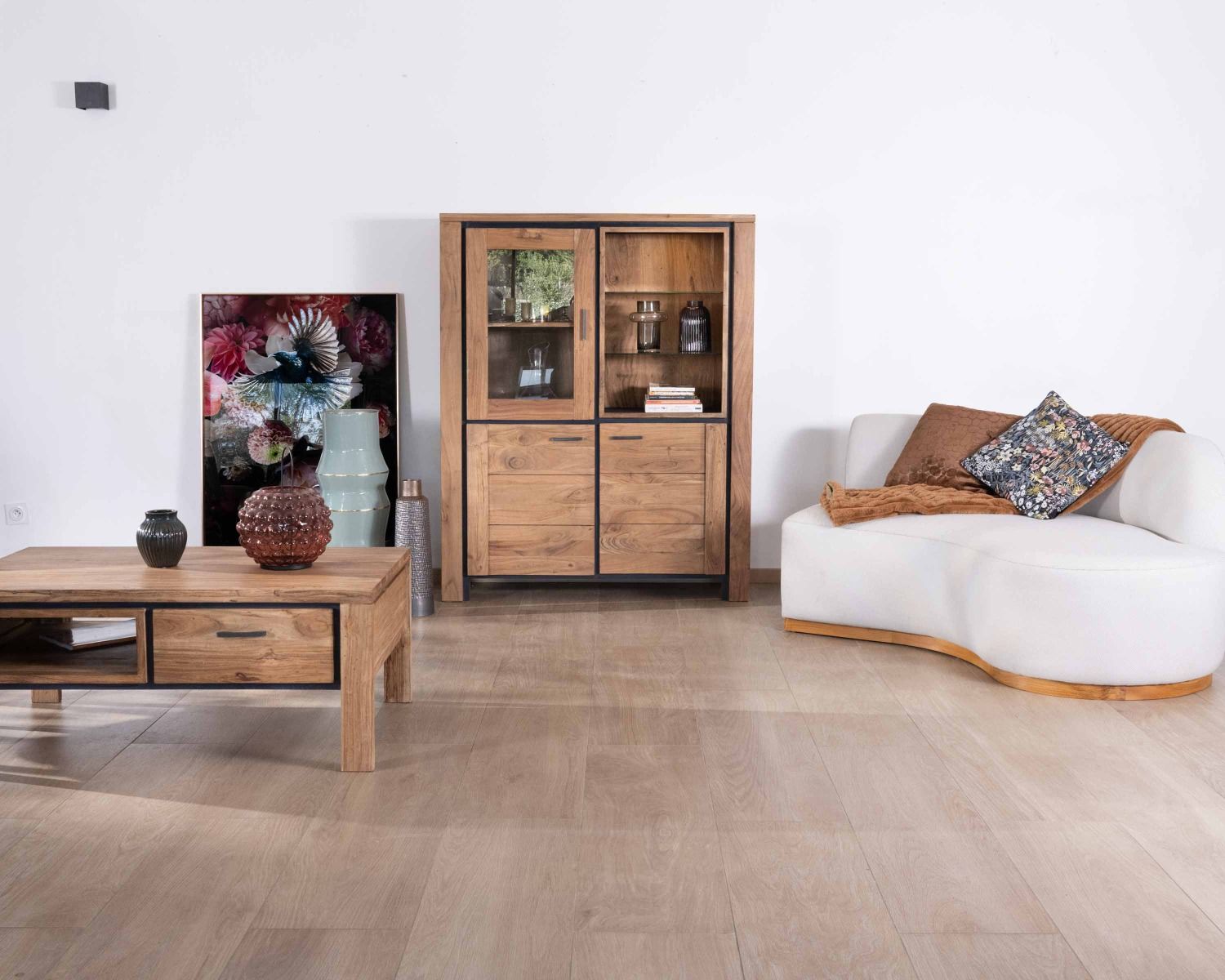 Tavolino rettangolare bifacciale in acacia massiccia da 110 cm "Fantaisie" con cassetti e bordo neri