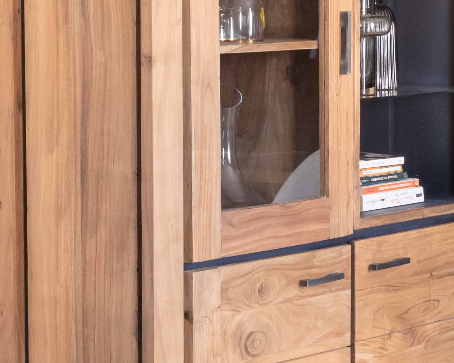 Mobile contemporaneo in acacia massiccia a rilievo nero con 3 ante e nicchia con ripiani in vetro "Fantaisie"