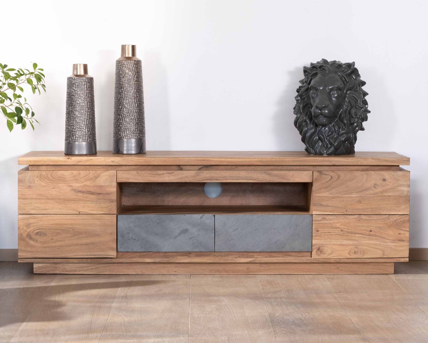 Porta TV in acacia da 175 cm con cassetti, frontale impiallacciato in pietra e striscia LED "Paguera"