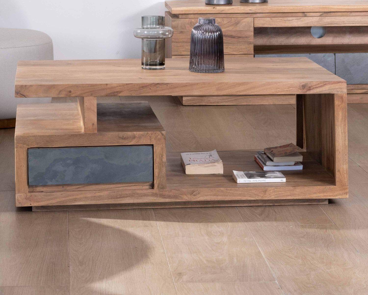 Tavolino rettangolare contemporaneo "Paguera" 120x70cm in legno massiccio di acacia