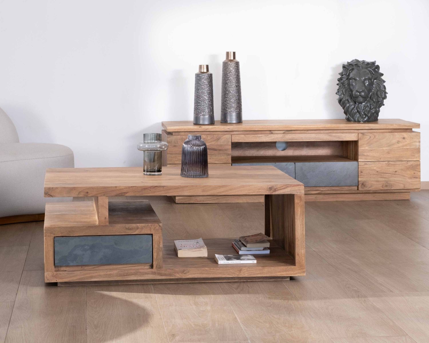 Tavolino rettangolare contemporaneo "Paguera" 120x70cm in legno massiccio di acacia