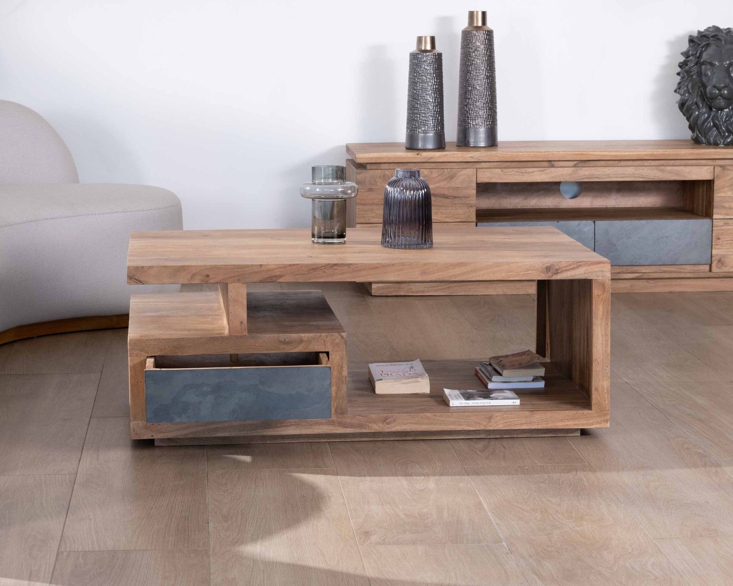 Tavolino rettangolare contemporaneo "Paguera" 120x70cm in legno massiccio di acacia