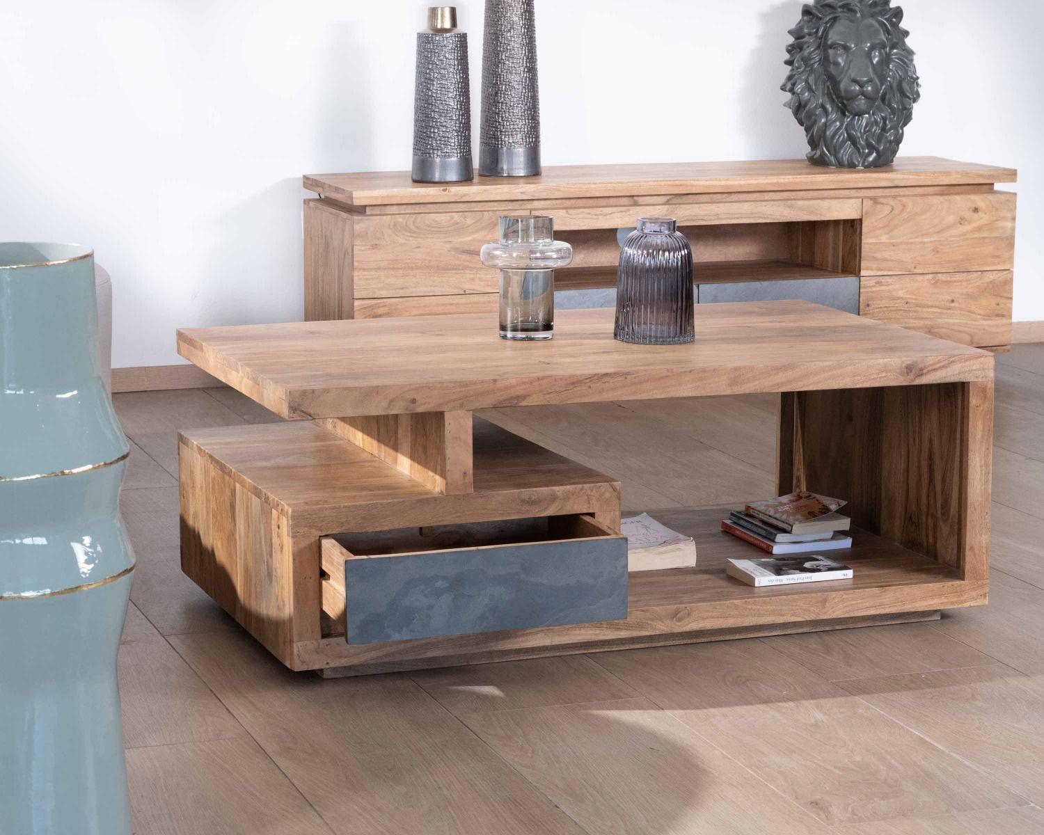 Tavolino rettangolare contemporaneo "Paguera" 120x70cm in legno massiccio di acacia