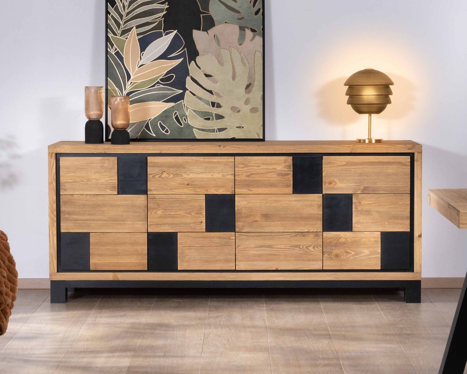 Credenza "Cubo" in pino spazzolato con motivo quadrato nero, 200 cm