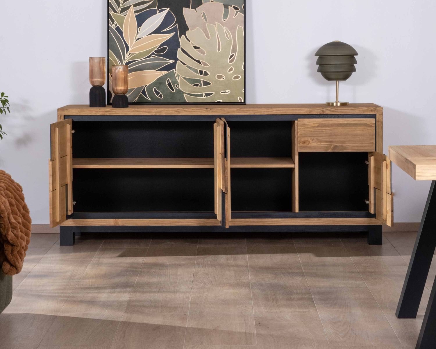 Credenza "Cubo" in pino spazzolato con motivo quadrato nero, 200 cm