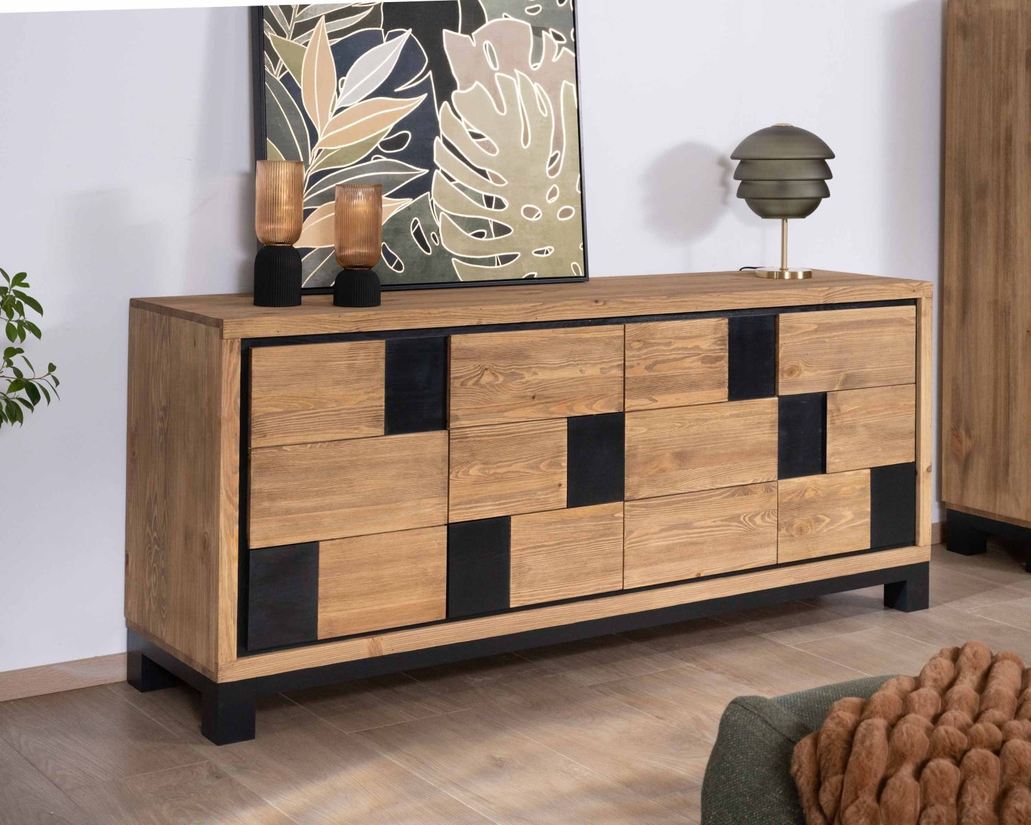 Credenza "Cubo" in pino spazzolato con motivo quadrato nero, 200 cm