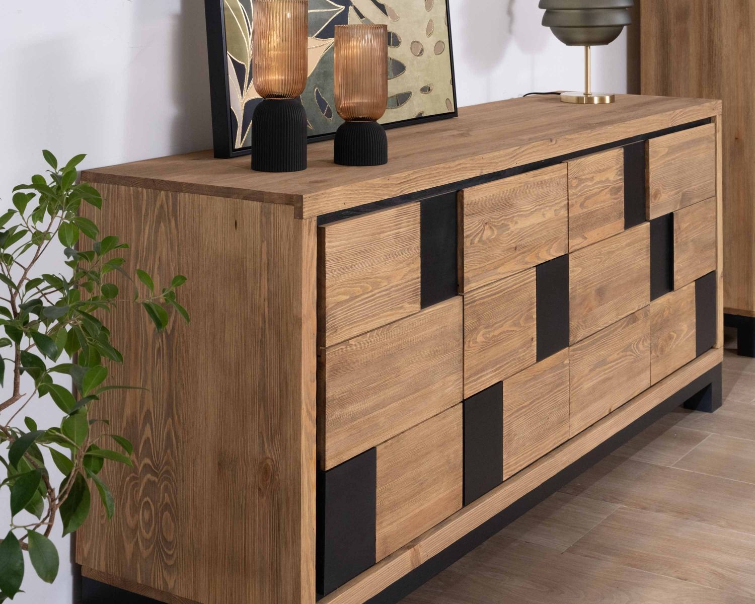 Credenza "Cubo" in pino spazzolato con motivo quadrato nero, 200 cm