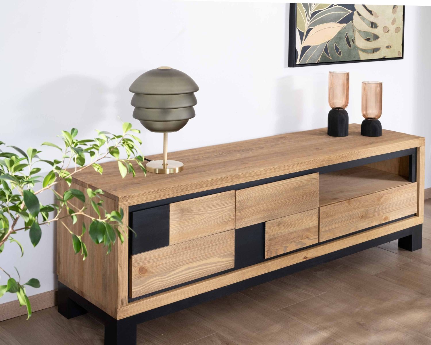 Mobile TV "Cubo" da 175 cm con frontale in pino spazzolato e motivo quadrato nero contemporaneo