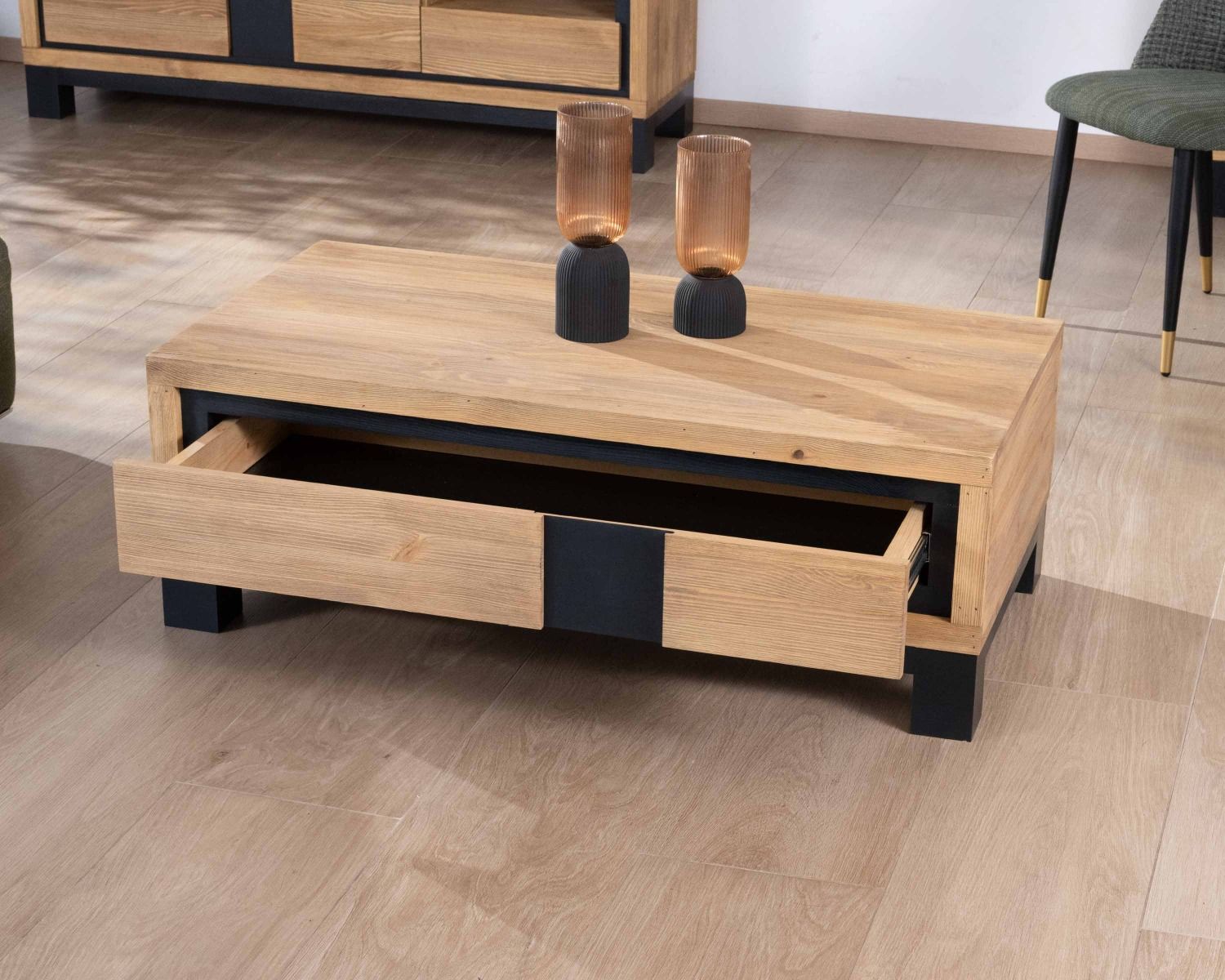 Tavolino contemporaneo "Cubo" a 1 cassetto in pino spazzolato con gambe nere