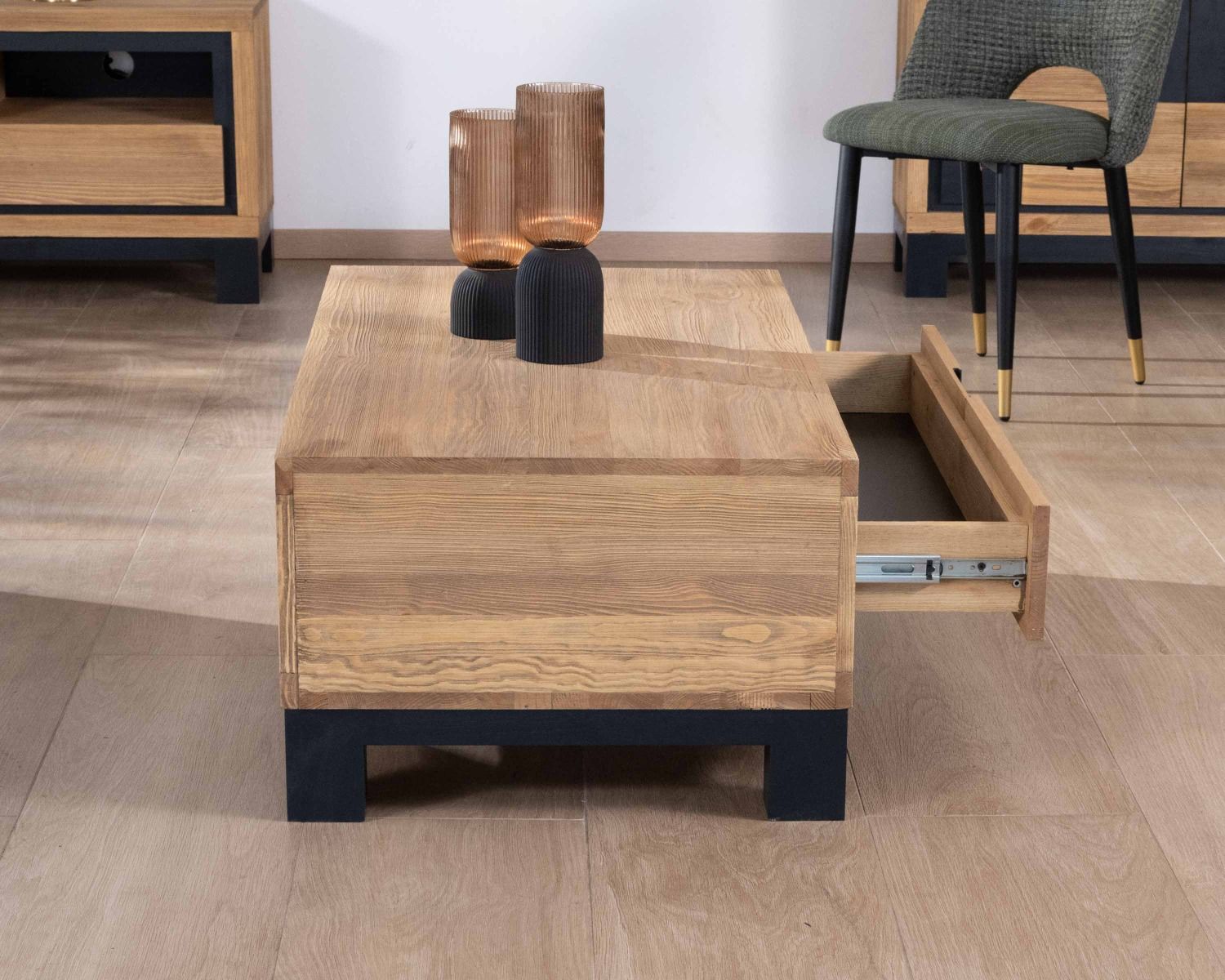 Tavolino contemporaneo "Cubo" a 1 cassetto in pino spazzolato con gambe nere