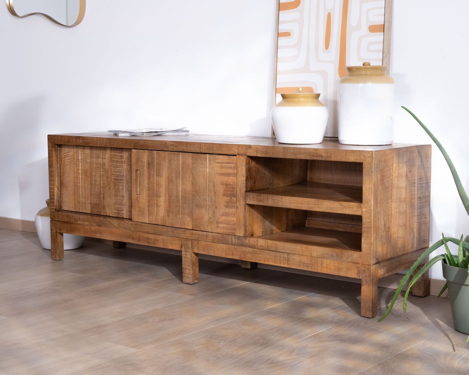 Porta TV in mango massiccio "Aruna" in stile etnico chic 