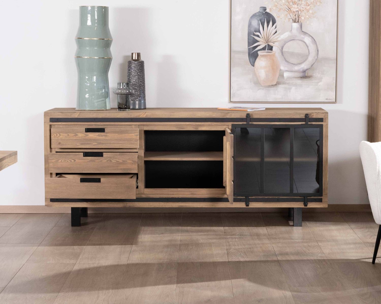 Credenza in pino massiccio spazzolato da 200 cm con anta scorrevole in vetro fumé "Tolf