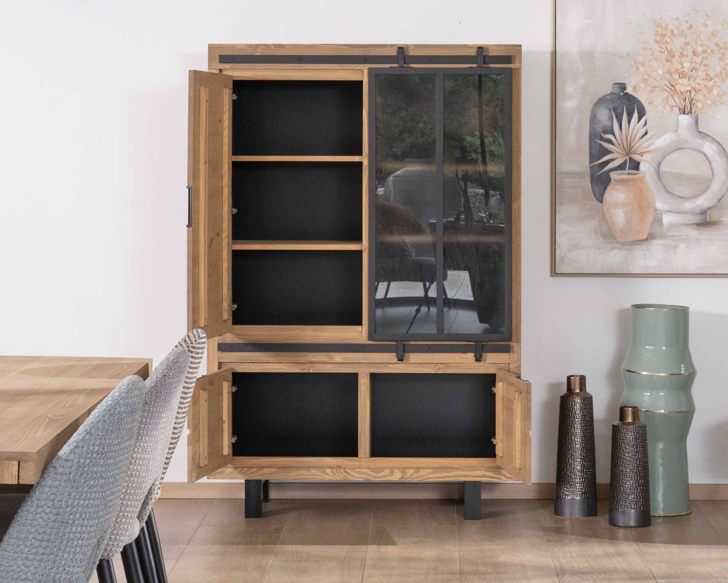 Vetrina "Tolf" in pino massiccio spazzolato con anta scorrevole in vetro