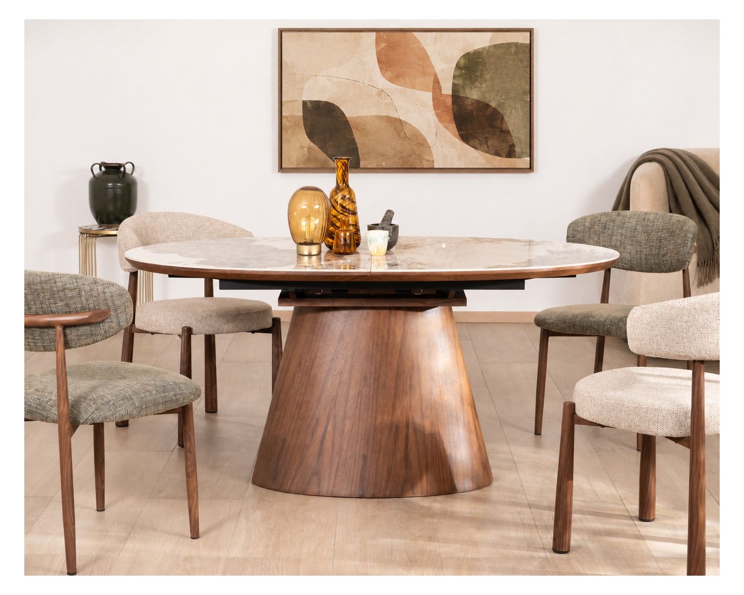Table de repas extensible 160-200 cm plateau céramique effet pierre naturelle "Oria" piètement aspect noyer