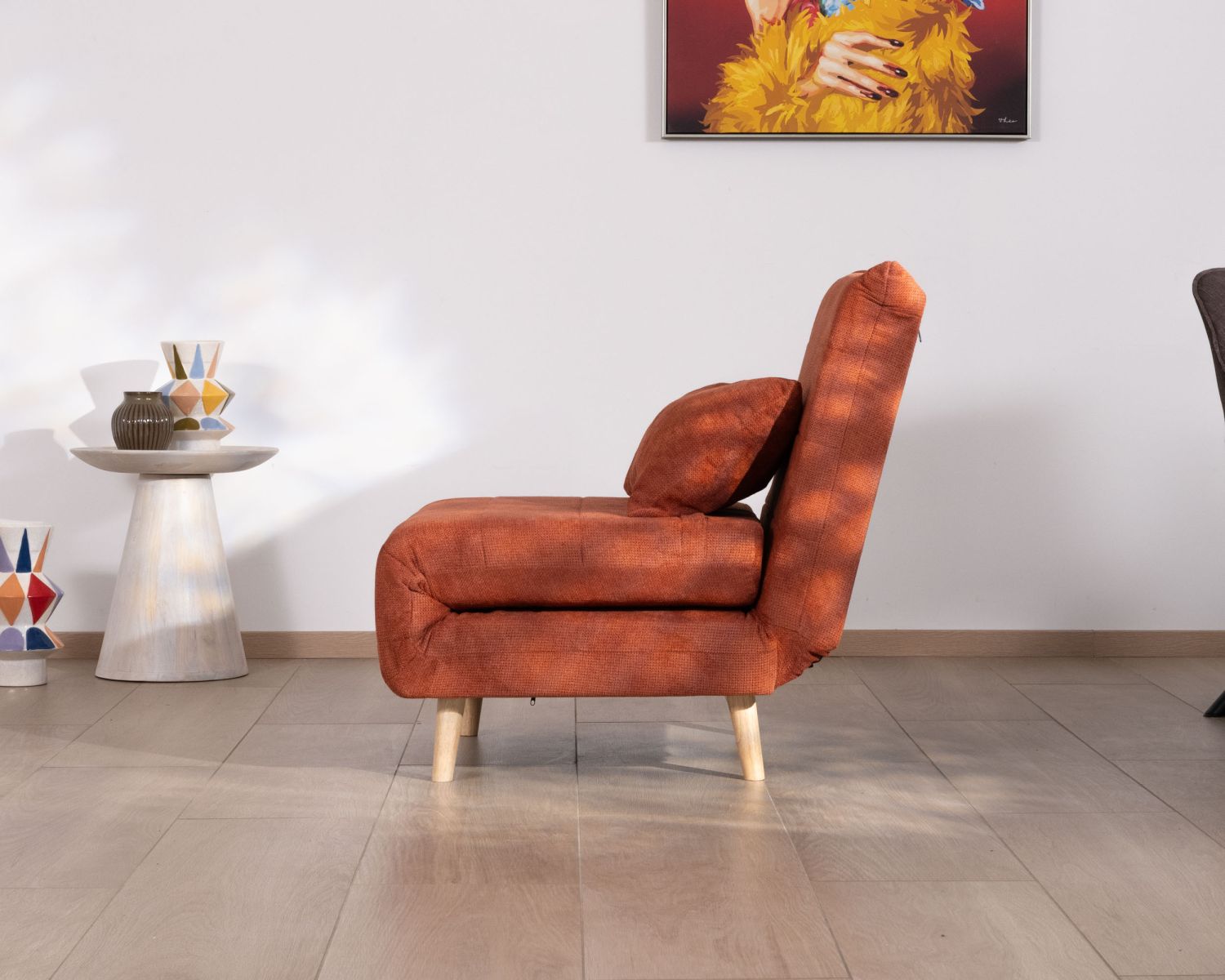 Poltrona di design scandinavo in tessuto terracotta "Folda" trasformabile in letto occasionale