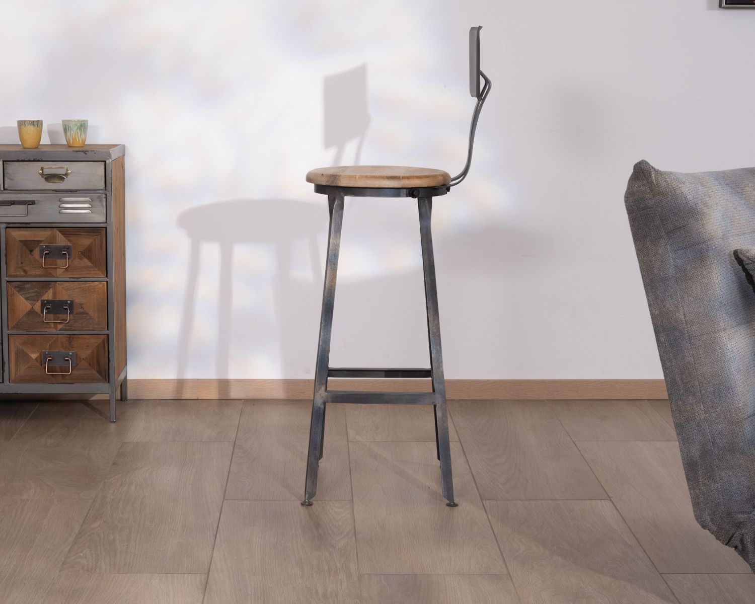 Sedia da bar "Atelier grey" in metallo e legno grigio antico, altezza 110 cm