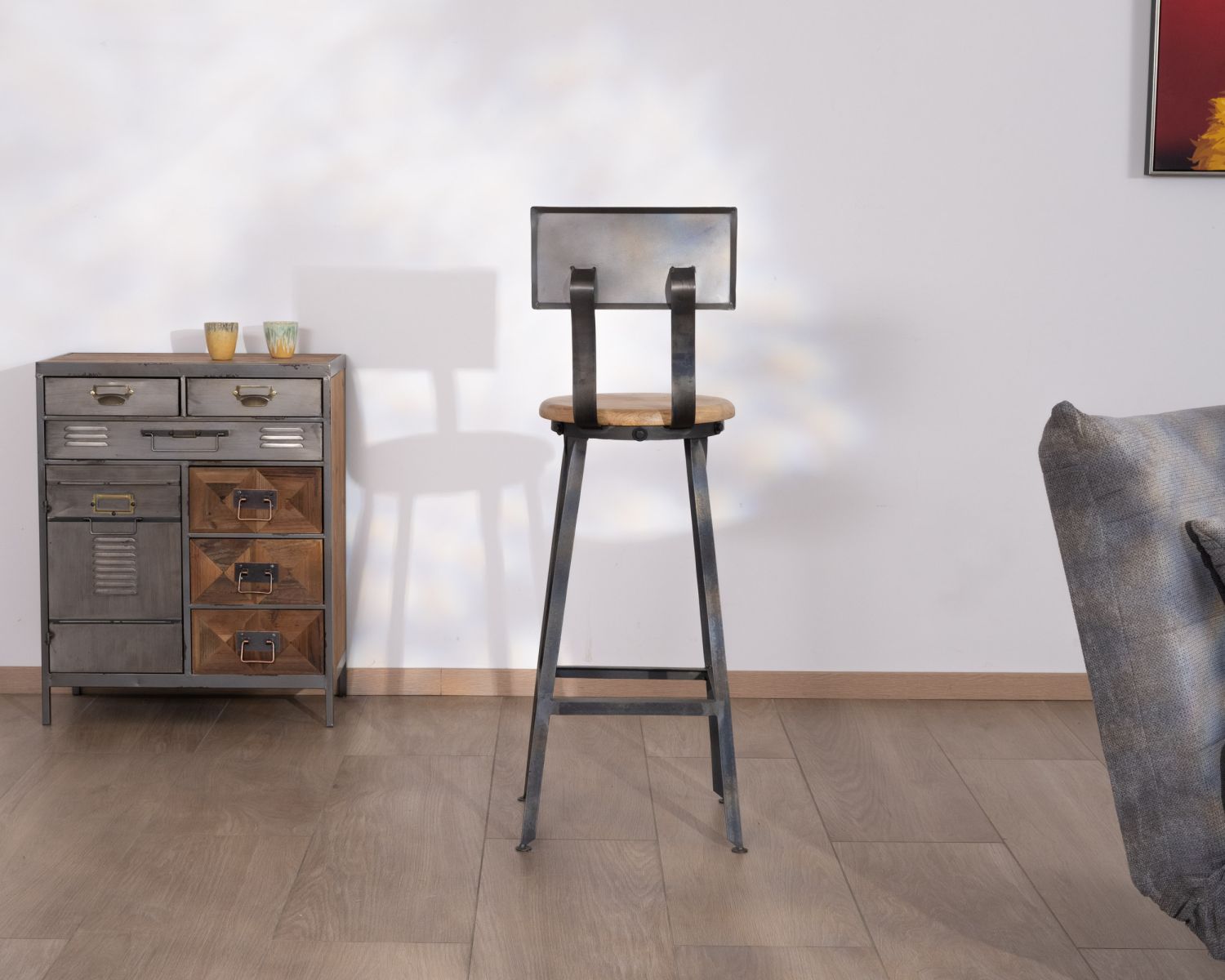 Sedia da bar "Atelier grey" in metallo e legno grigio antico, altezza 110 cm