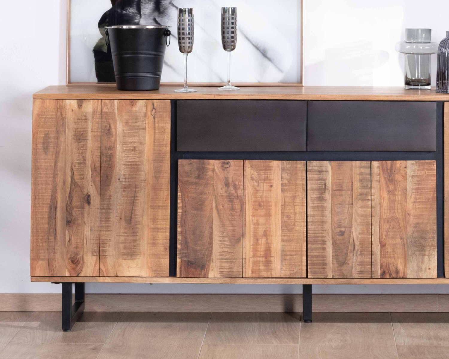 Credenza in acacia di 175 cm con 2 cassetti e gambe "Bennett" in metallo nero