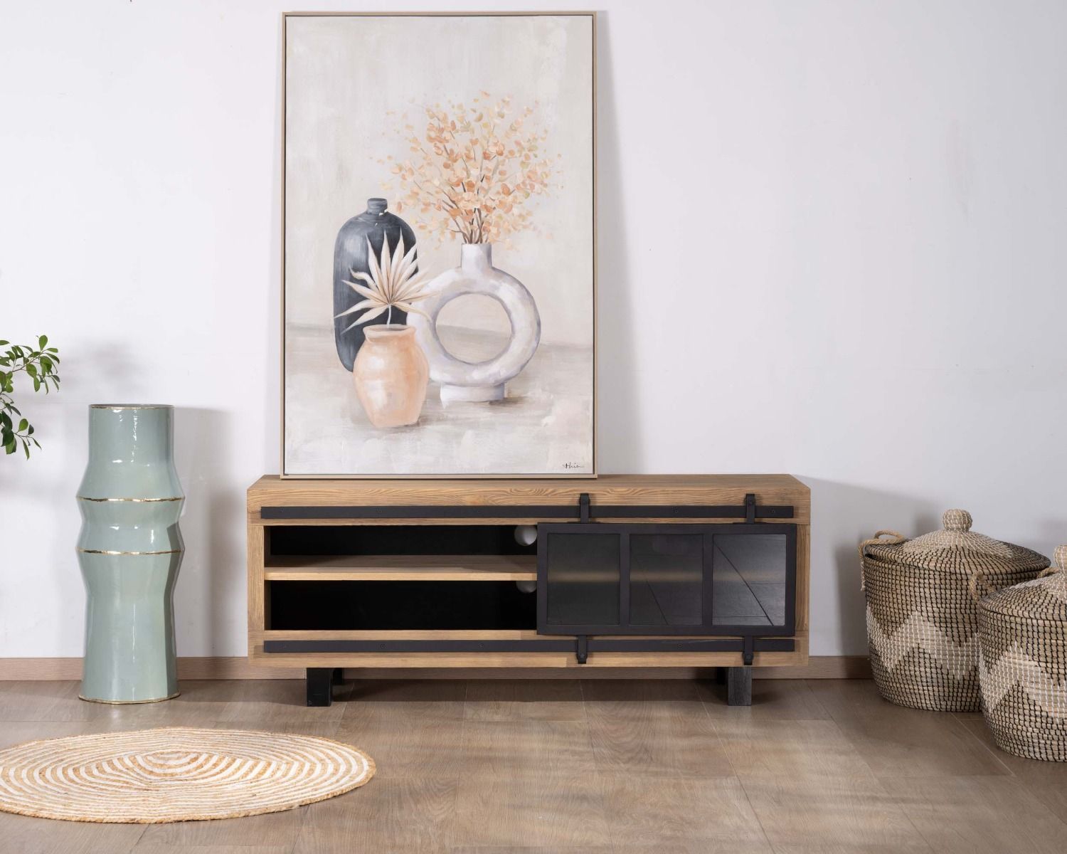 Mobile TV contemporaneo "Tolf" da 140 cm in pino spazzolato con anta scorrevole in vetro