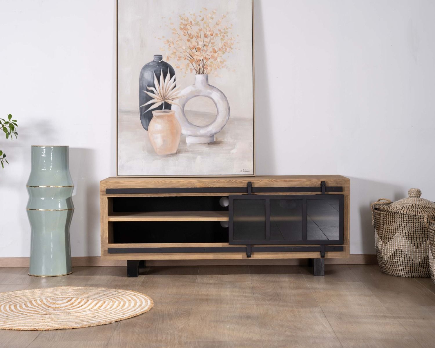 Mobile TV contemporaneo "Tolf" da 140 cm in pino spazzolato con anta scorrevole in vetro