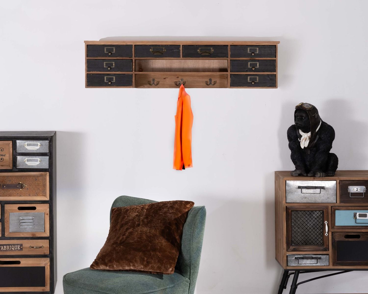 Mensola a muro in abete massiccio "Mélimélo Indus" con cassettini in metallo