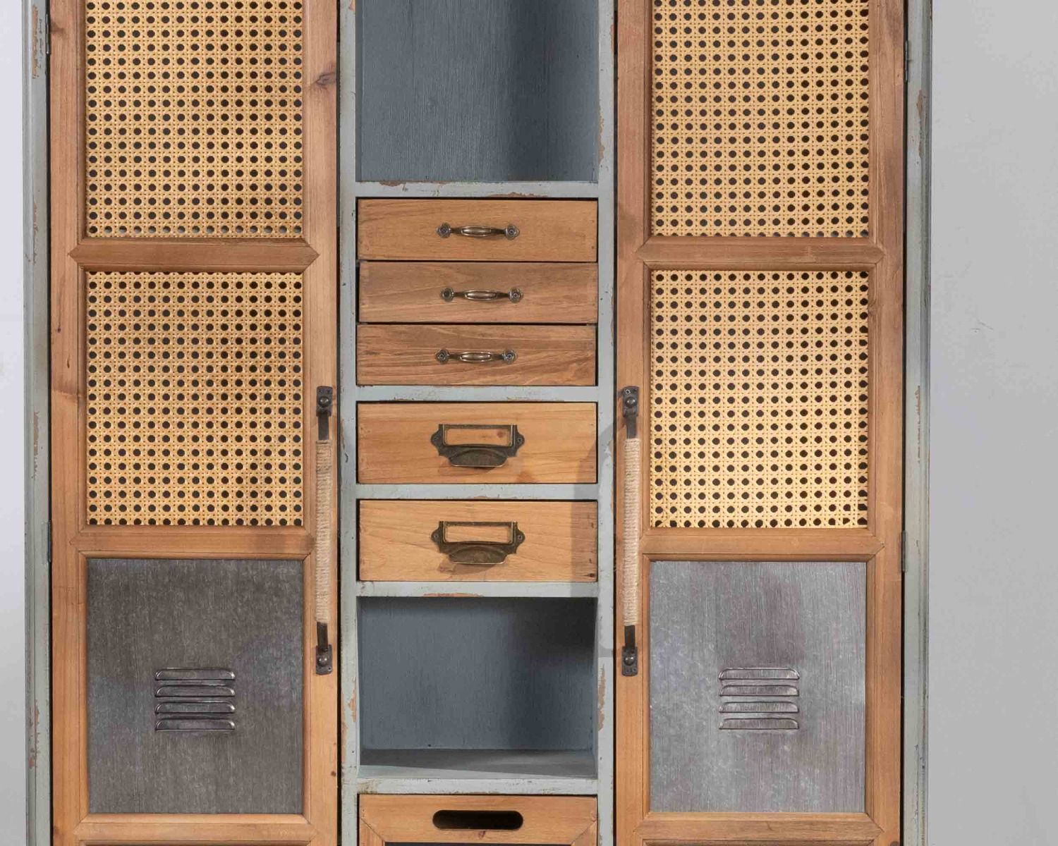 Credenza decorativa "Mélimélo Indus" in legno di pino e simil rattan con cassetti