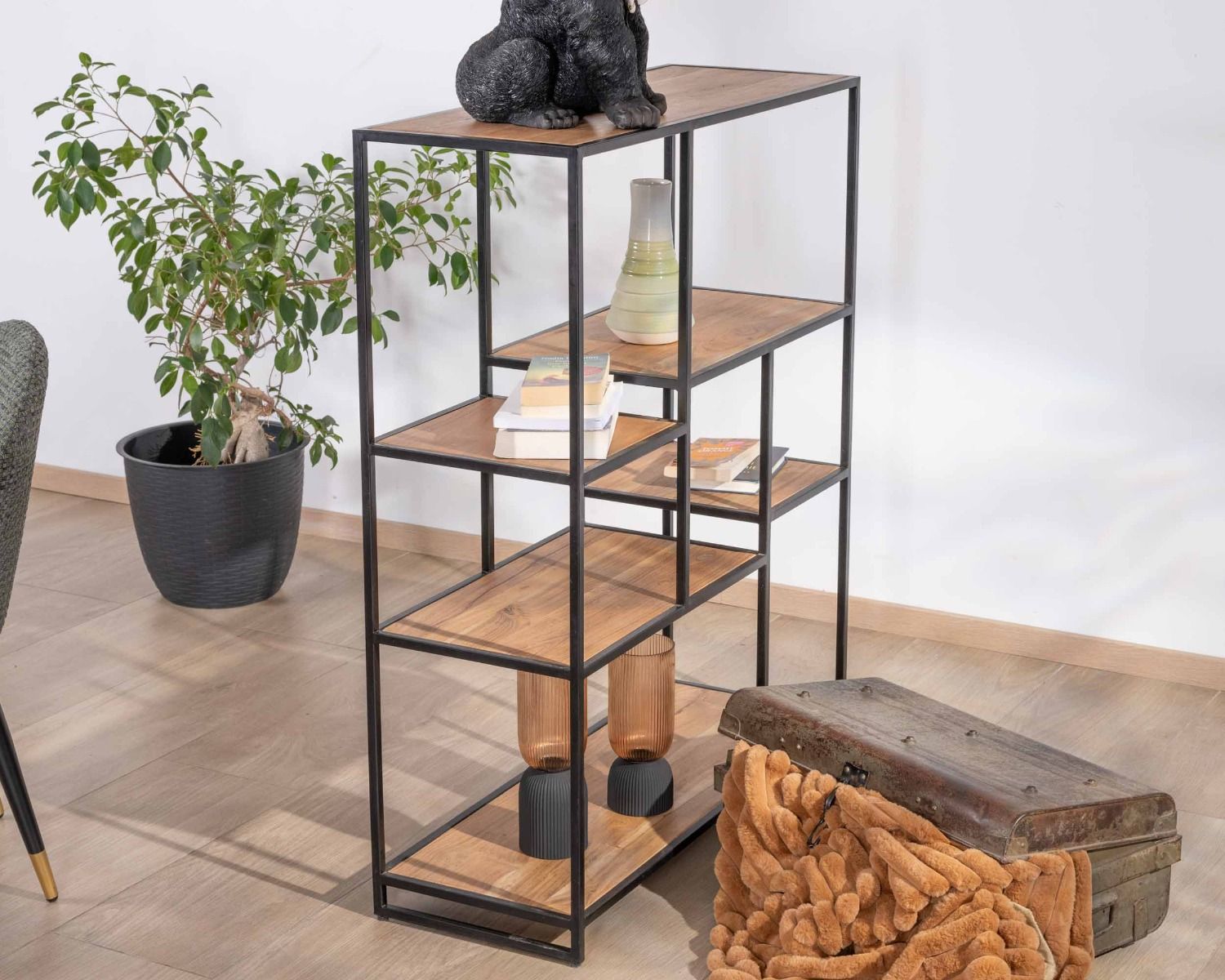 Mensola quadrata grande "Urban Metal" in legno di acacia e metallo nero