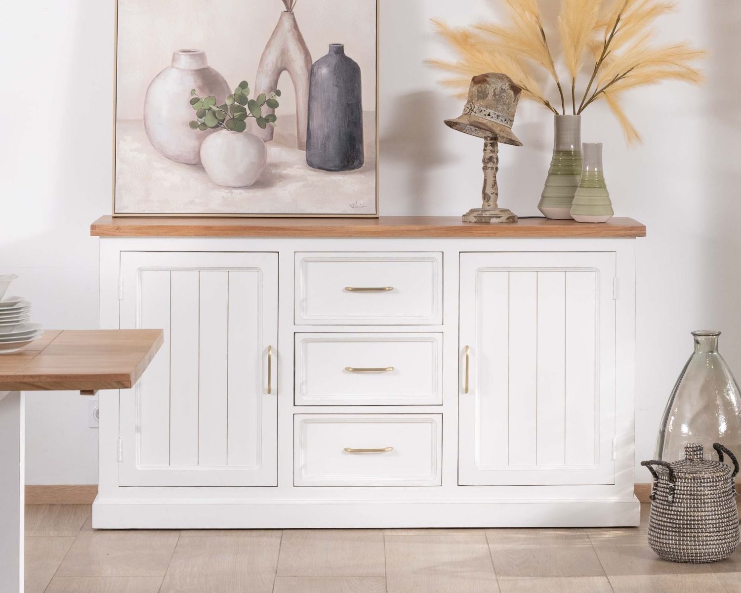 Credenza "Trégastel" in acacia bianca 165 cm e piano naturale