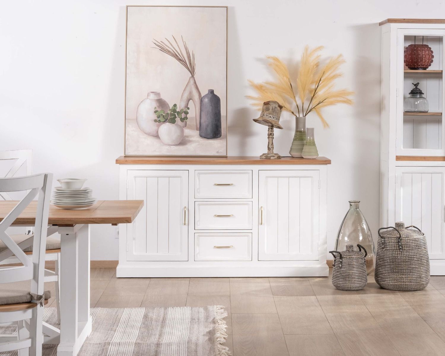 Credenza "Trégastel" in acacia bianca 165 cm e piano naturale