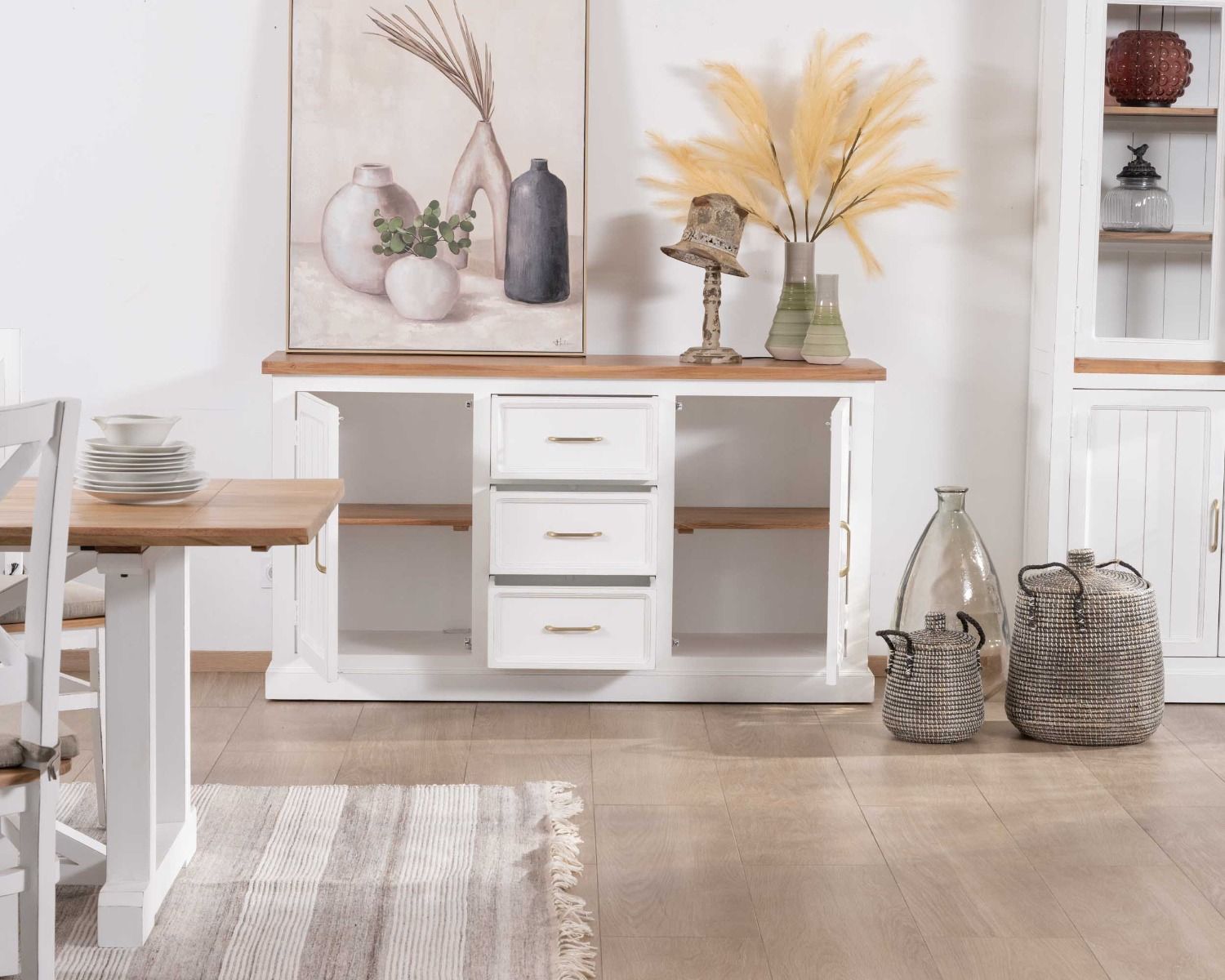 Credenza "Trégastel" in acacia bianca 165 cm e piano naturale