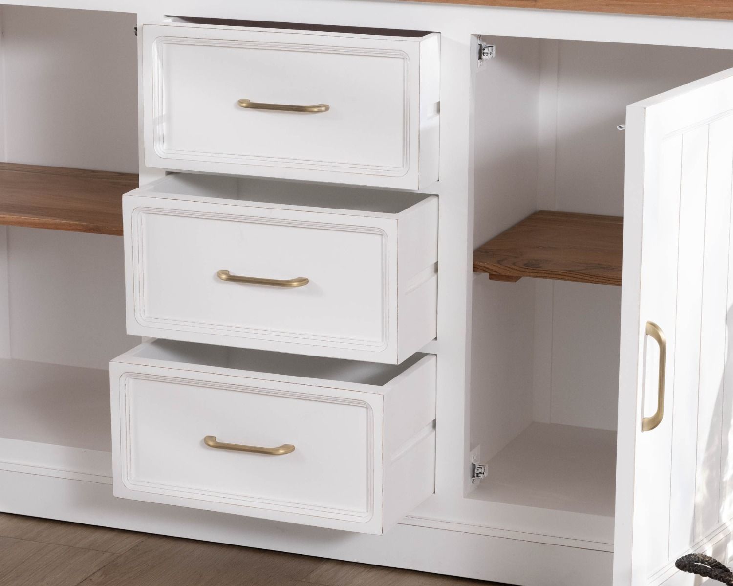 Credenza "Trégastel" in acacia bianca 165 cm e piano naturale