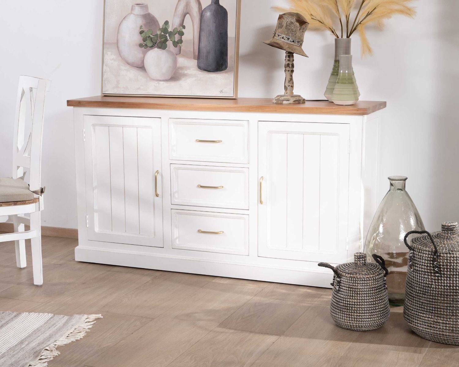 Credenza "Trégastel" in acacia bianca 165 cm e piano naturale