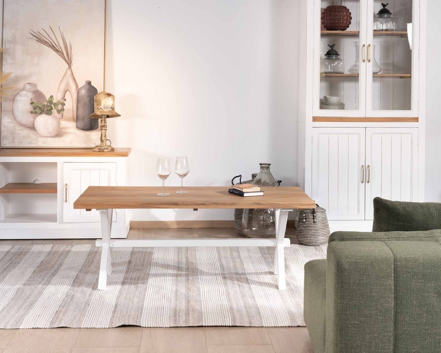 Tavolino rettangolare in acacia "Trégastel" con gambe bianche in stile country