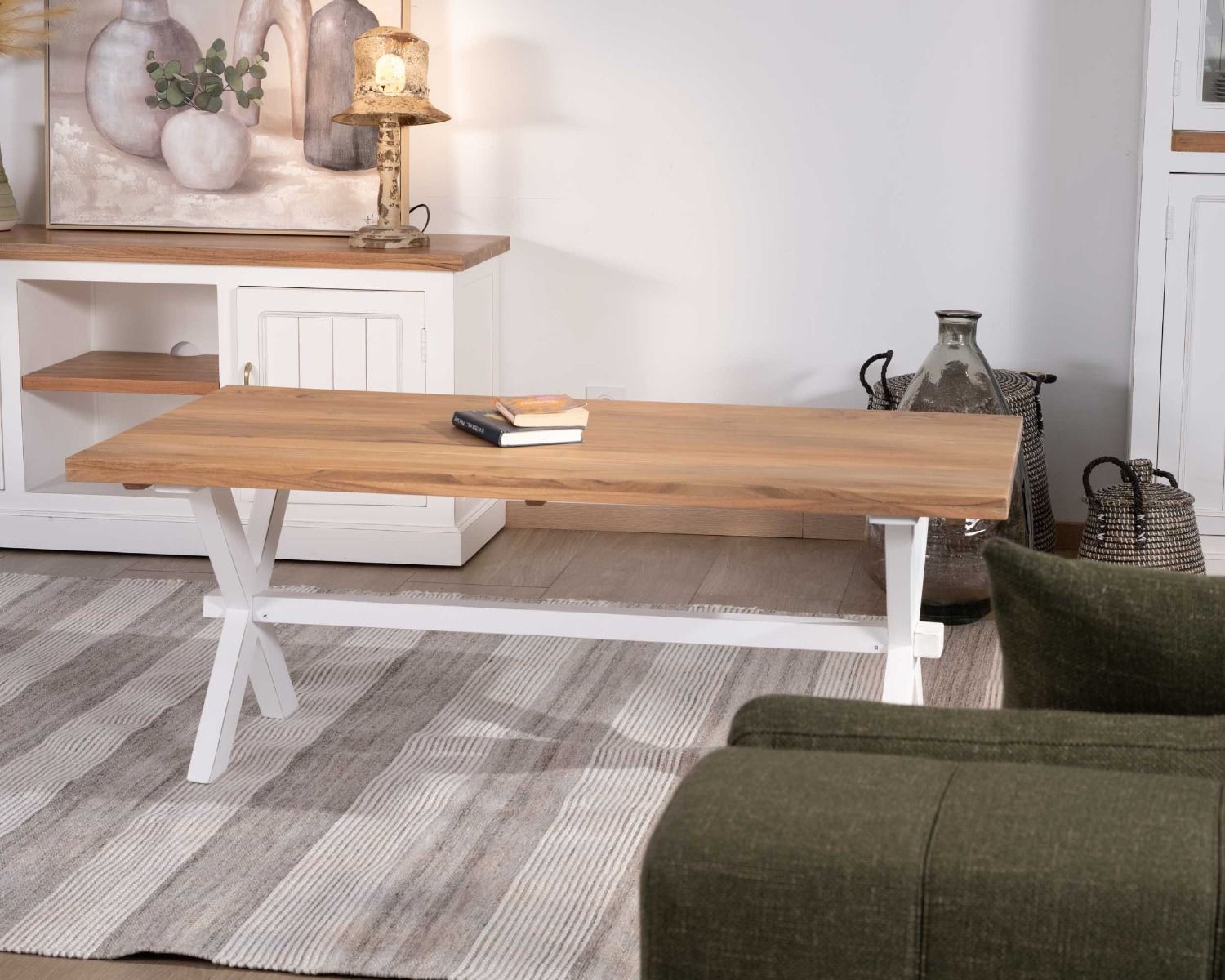 Tavolino rettangolare in acacia "Trégastel" con gambe bianche in stile country