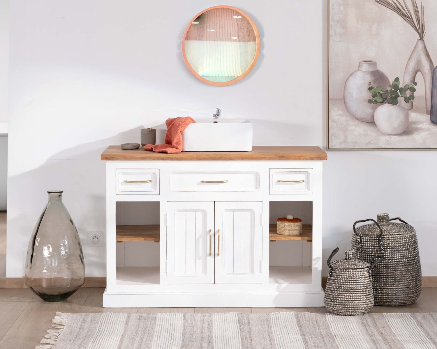 Mobile lavabo singolo "Trégastel" 120 cm in acacia bianca