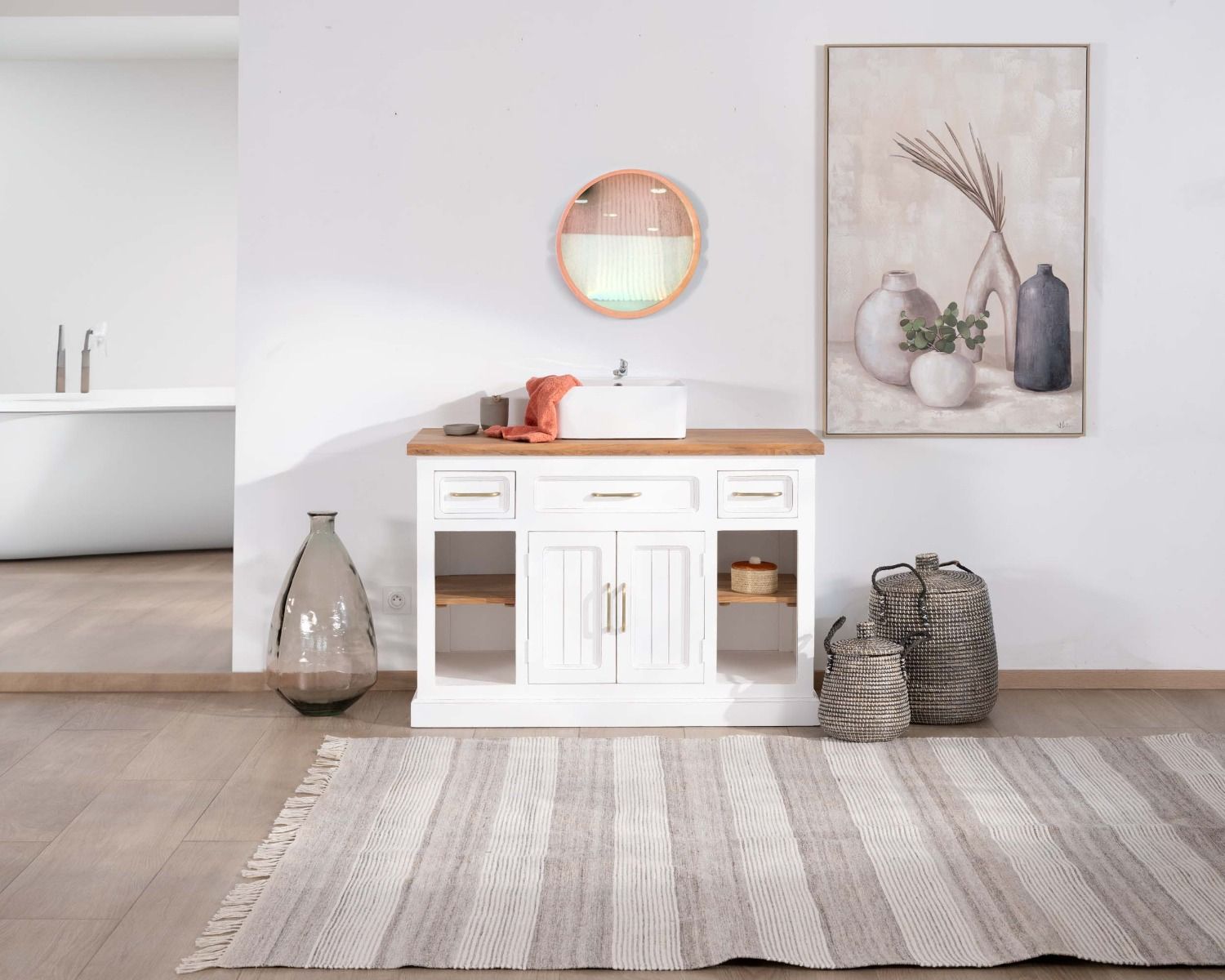 Mobile lavabo singolo "Trégastel" 120 cm in acacia bianca