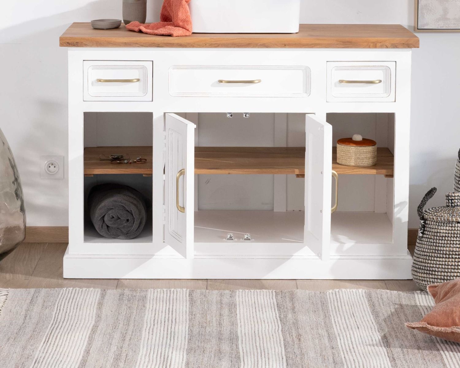 Mobile lavabo singolo "Trégastel" 120 cm in acacia bianca