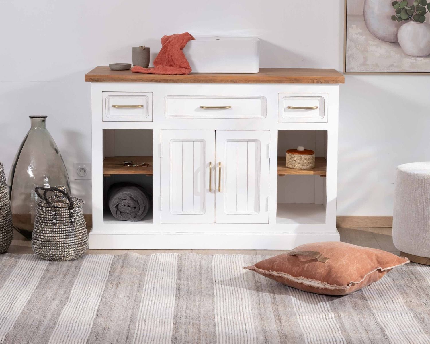 Mobile lavabo singolo "Trégastel" 120 cm in acacia bianca