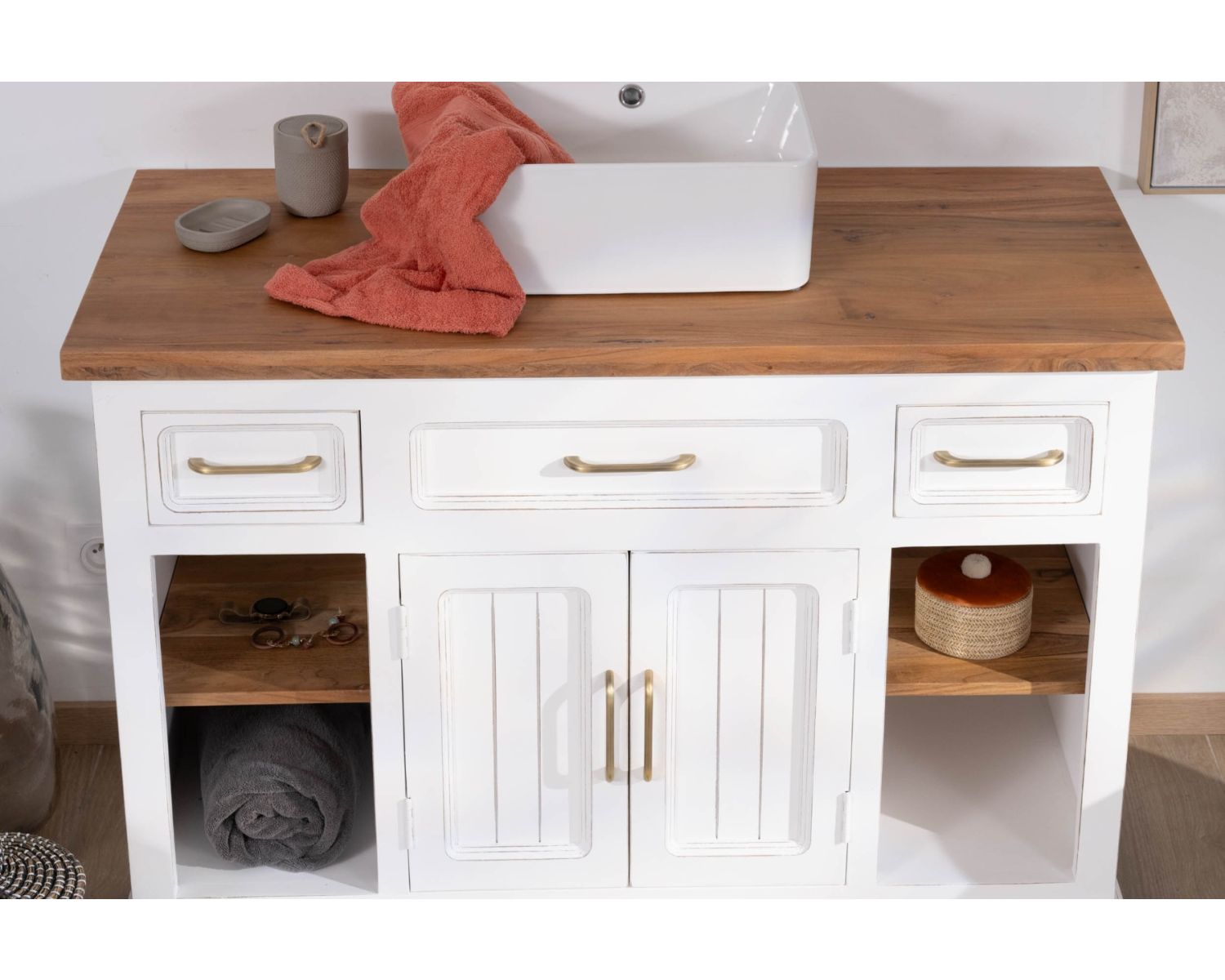 Mobile lavabo singolo "Trégastel" 120 cm in acacia bianca