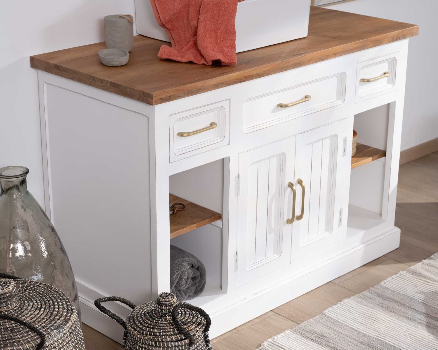 Mobile lavabo singolo "Trégastel" 120 cm in acacia bianca