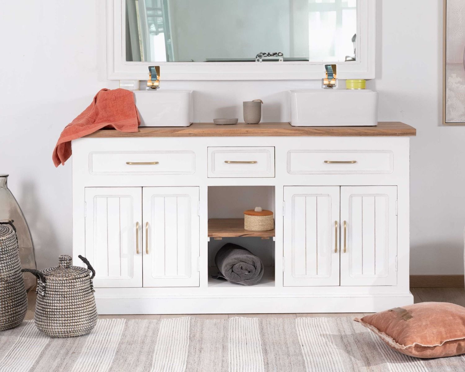 Mobile da bagno doppio in acacia bianca e naturale "Trégastel