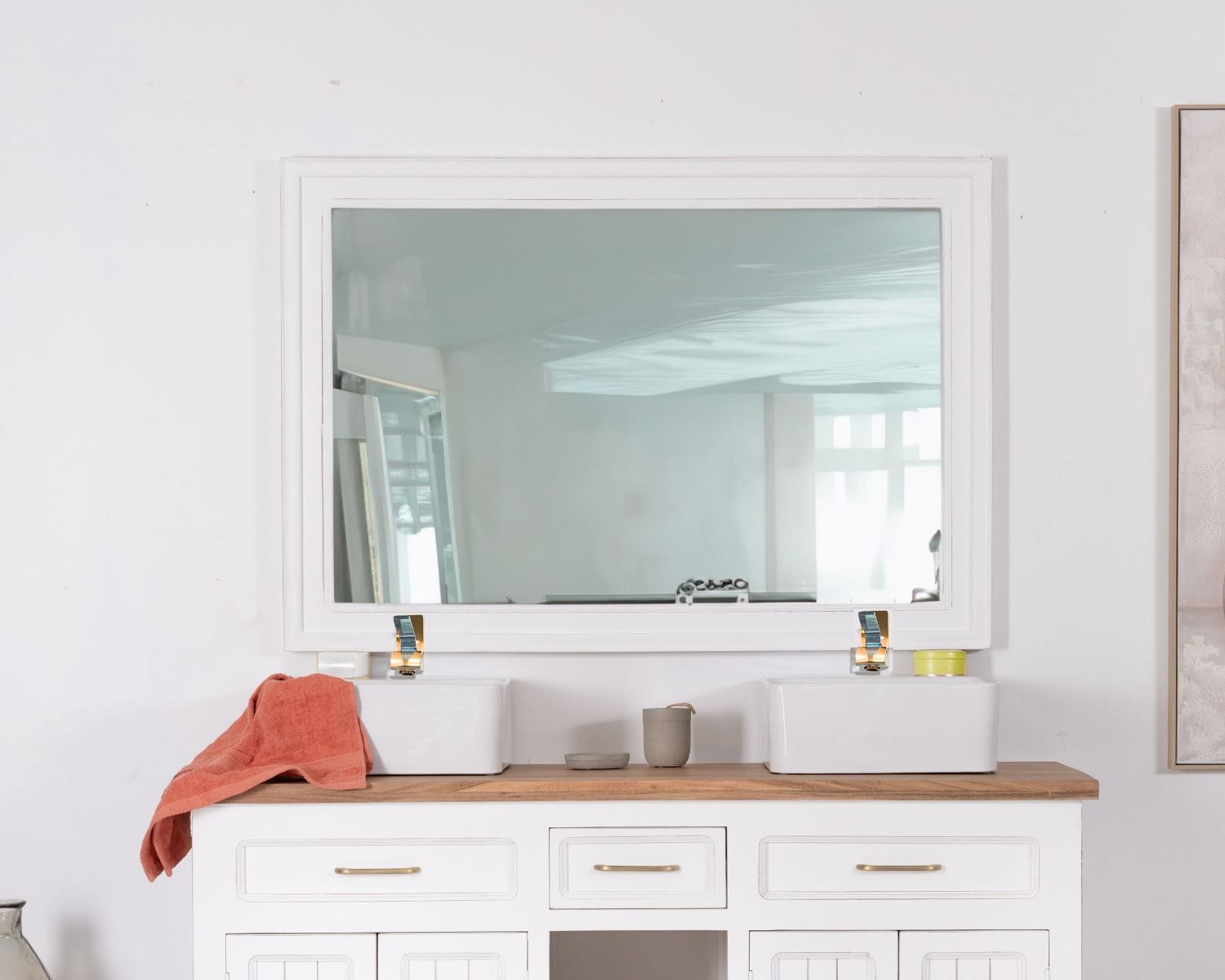 Grande specchio rettangolare 130x90 cm "Trégastel" cornice in acacia bianca