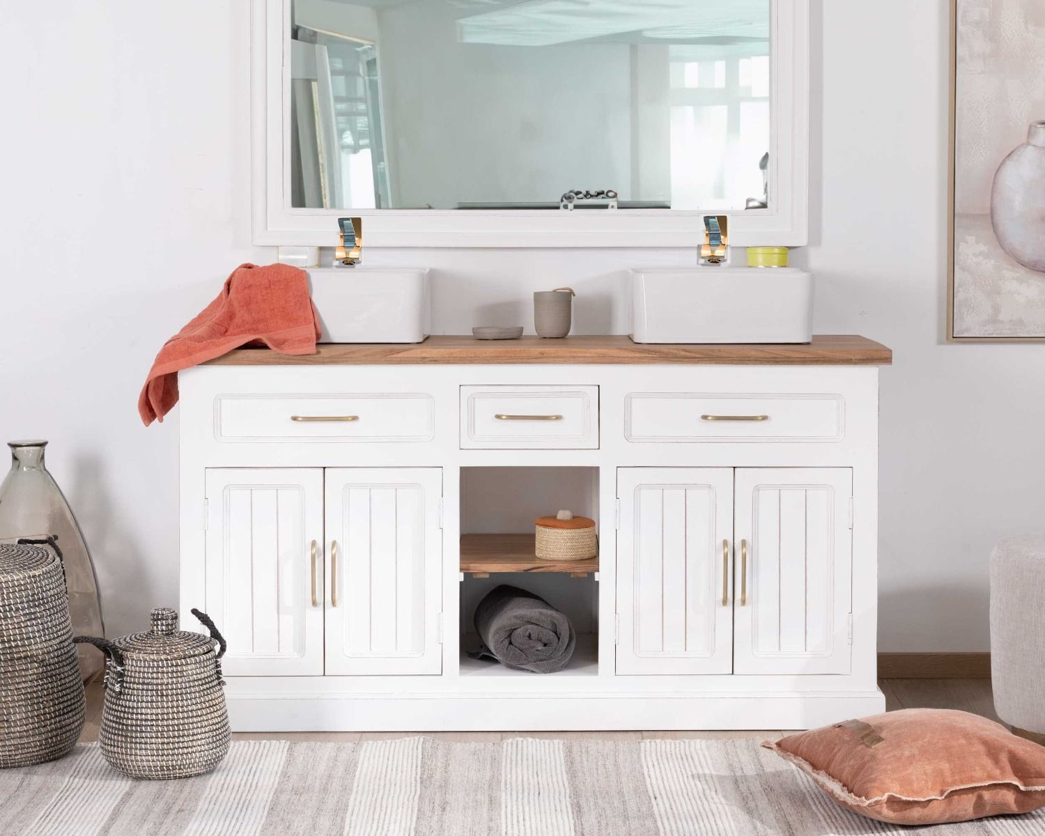 Mobile da bagno doppio in acacia bianca e naturale "Trégastel