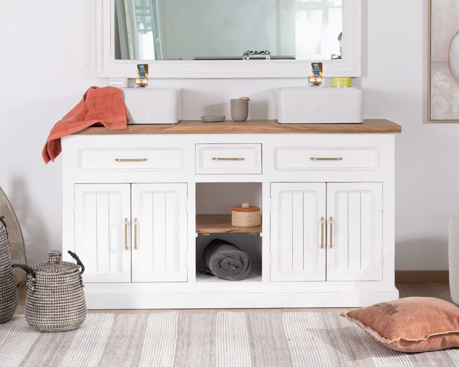 Mobile da bagno doppio in acacia bianca e naturale "Trégastel